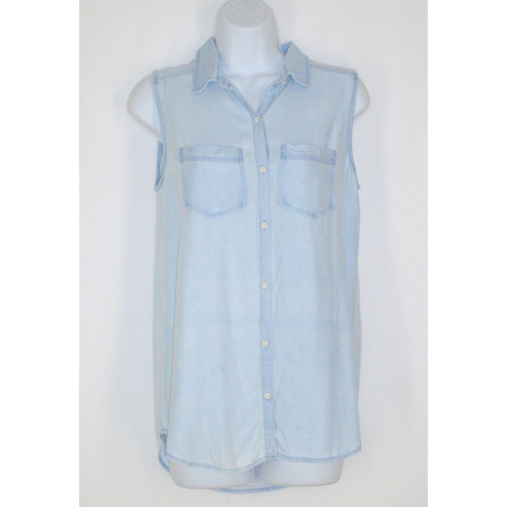 Rubbish Blue Chambray Button Up Top S Sleeveless Rayon